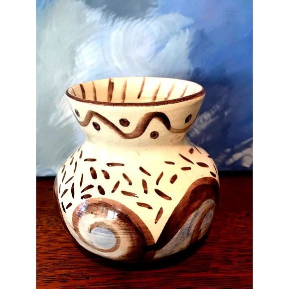 Ivory Pottery Vase with Blue & Brown Crackle Glaze in a Wave Pattern - Picture 1 of 10